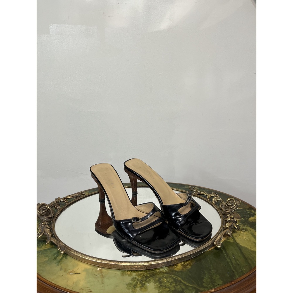 Gucci Black Patent Leather Mule Sandals with Brown Wooden Heels and Buckle